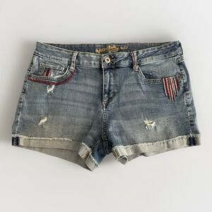 Y2K Patriotic Denim Shorts Womens 13 Americana Festival Cowgirl Raw Hem